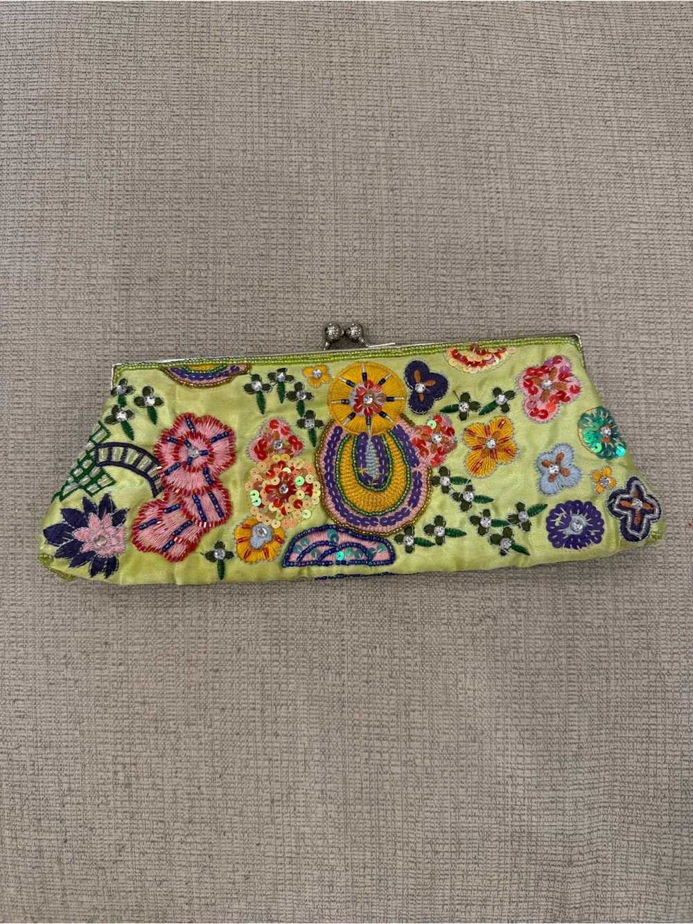 Embellished Lime Green Floral Beaded Clutch